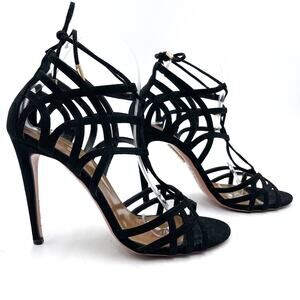 Aquazzura Ginger Suede Sandals Black Tie Wrap Heels Open Toe Sz 38.5 /‎ 8.5
